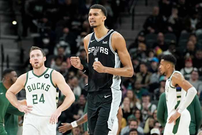 Jan 4, 2024; San Antonio, Texas, USA; San Antonio Spurs forward Victor Wembanyama (1) reacts during the first half against the Milwaukee Bucks at Frost Bank Center.